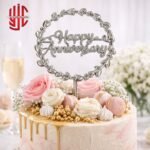 Acrylic Happy Anniversary Hearts Circle Cake Topper Silver